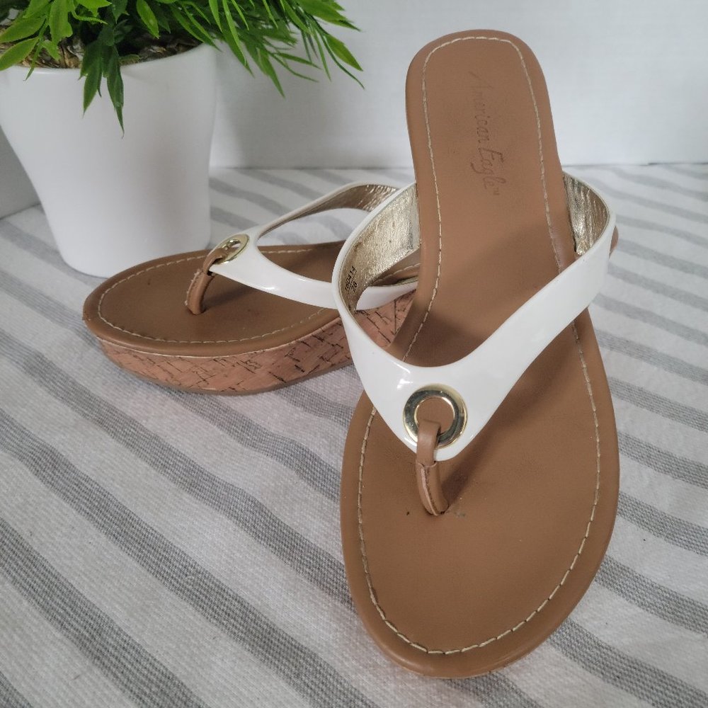 American Eagle White Patent Thong Wedges